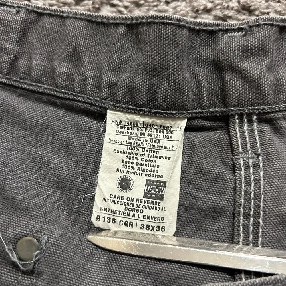 Vintage Carhartt Double Knee Work Pants Duck Canvas Made in USA Faded Gray 38x36